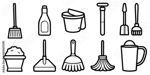 Collection of simple line art illustrations of various cleaning tools and supplies