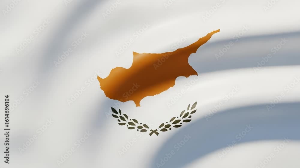 Waving Cyprus flag with copper island map and olive branches detailed realistic fabric texture