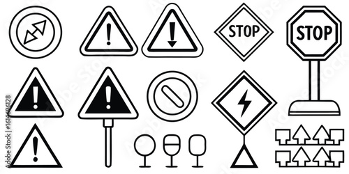 Collection of various warning and traffic signs with clear symbols and text