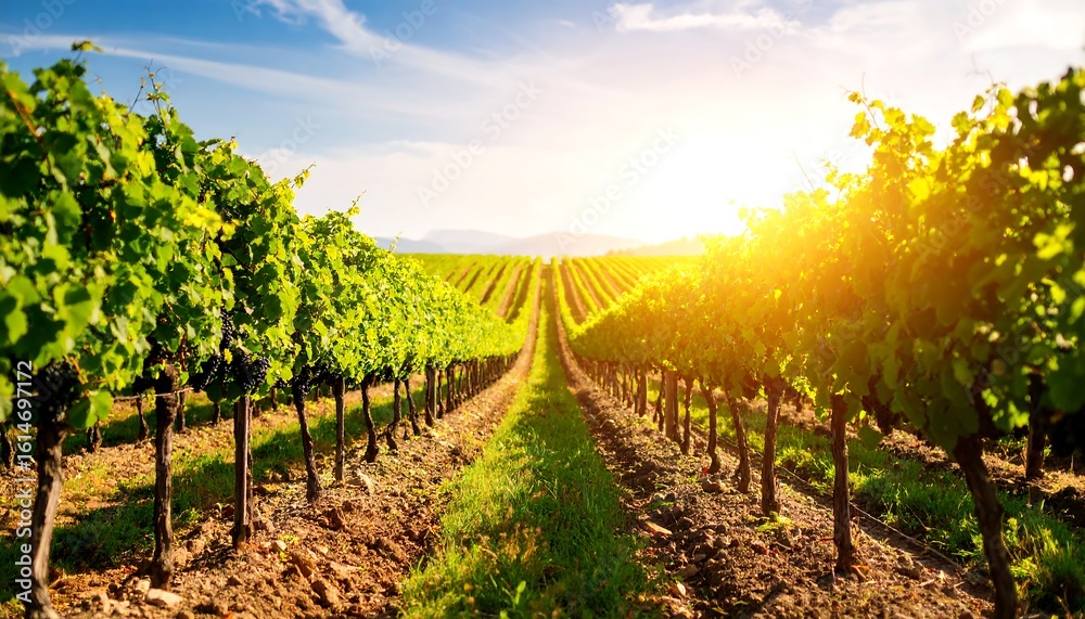 Naklejka premium Sun-drenched vineyard rows stretch towards a horizon