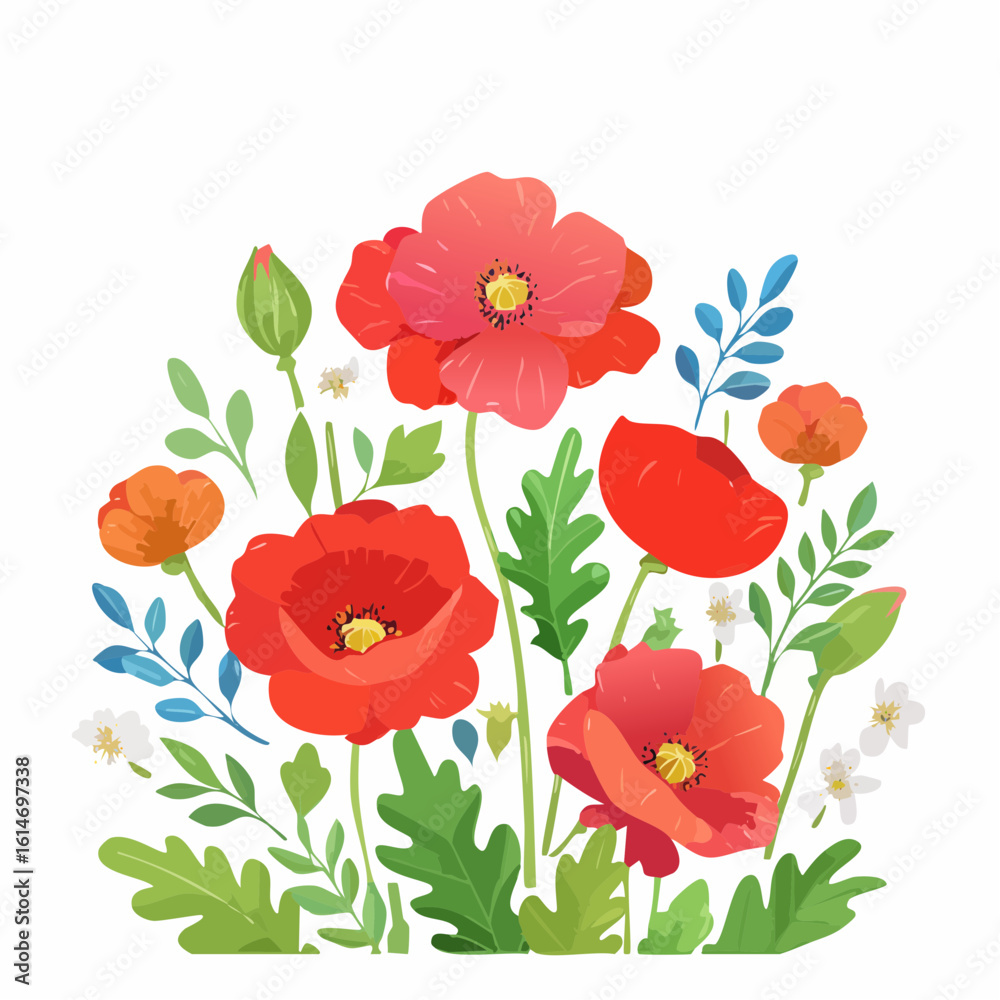 Fototapeta premium Watercolor and Gouache floral pattern with poppy
