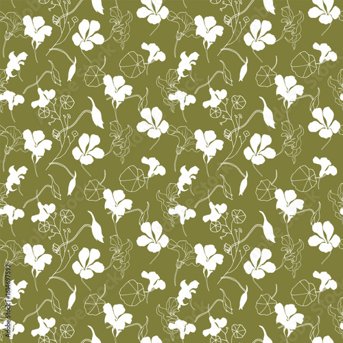 Seamless pattern with white nasturtium flowers on green background. Hand-drawn vector illustration for wedding, fabric, invitation or greeting card. 