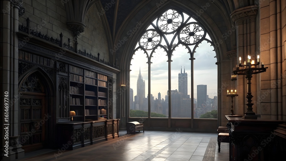 custom made wallpaper toronto digitalGothic Interior Room with Cityscape View Through Arched Window