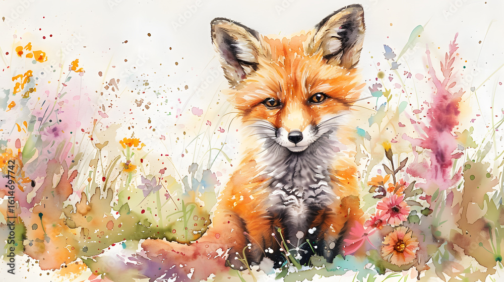 Obraz premium watercolor painting of a cute baby fox with flower