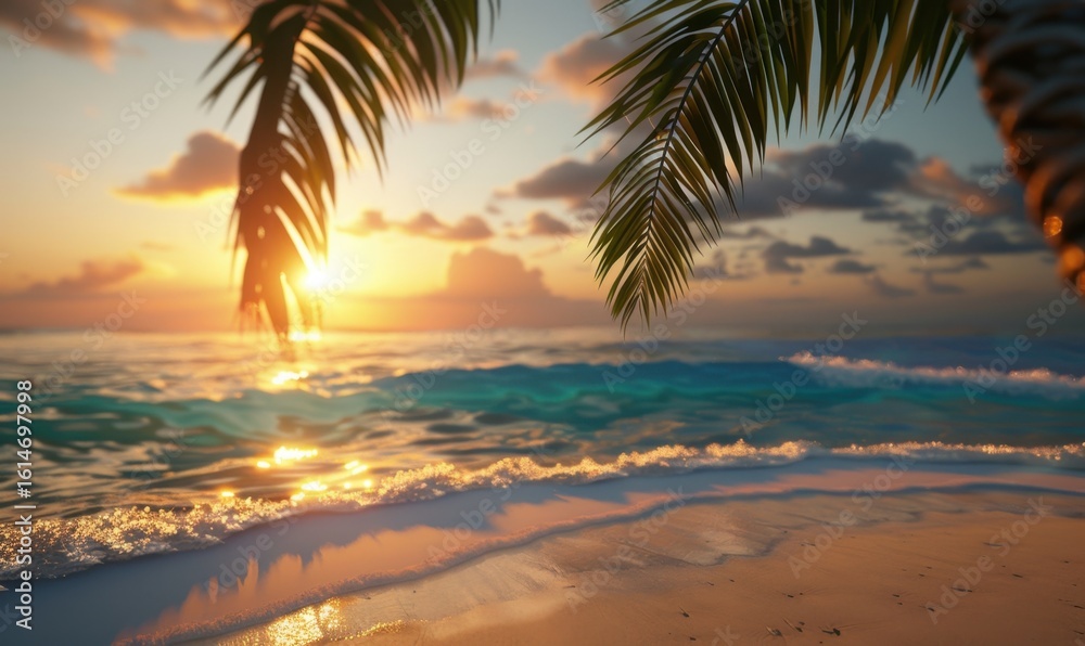 Fototapeta premium Tropical beach at sunset with golden light and palm trees paradise view