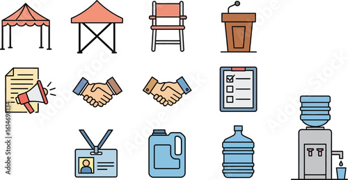 Vector illustration of business meeting icons including tent chair handshake and water cooler