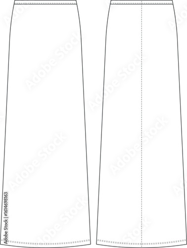 elastic banded high mid rise waist long maxi midi straight skirt template technical drawing flat sketch cad mockup fashion woman design style model 
