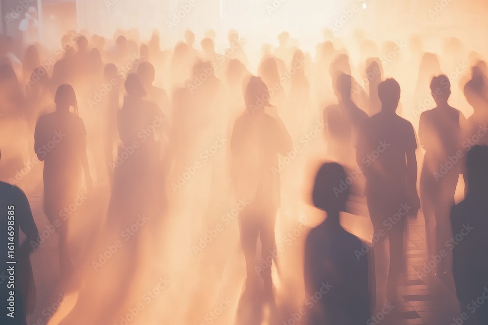 Fototapeta premium Crowd moving through misty urban landscape during evening hours, People crowd in blur timelapse