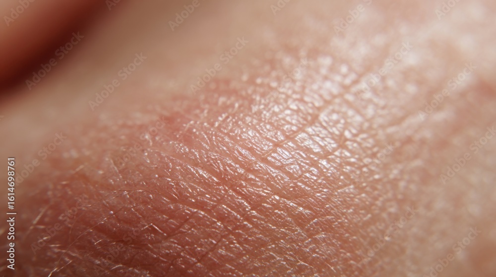 Fototapeta premium A detailed close-up of human skin shows the intricate texture, fine lines, and pores. The image captures the subtle variations in color and surface details, highlighting natural characteristics.
