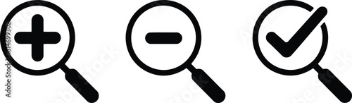 Magnifying Glass Icon Set with Plus, Minus, and Check Marks Symbols