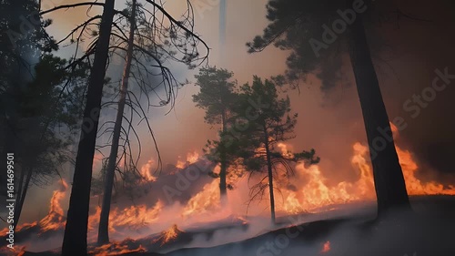 Forest trees surrounded by wildfire in mist