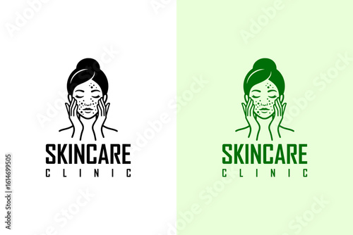 illustration of woman touching her acne face, icon, vector logo for skin specialist, dermatologist, cosmetics brand, skin wellness, makeup, luxury facial spa, anti aging, skincare, and more