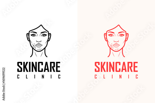 woman's serene face with a few acne illustration, icon, vector logo for healthy skin, skin care, skin wellness, anti aging, luxury facial spa, skin specialist, dermatologist, skin clinic, and more