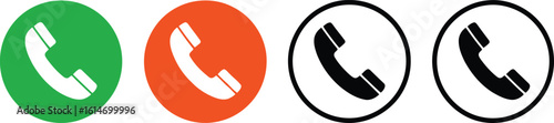 Phone Icon Set Green, Orange, Black, White Handset Symbols on White Backdrop