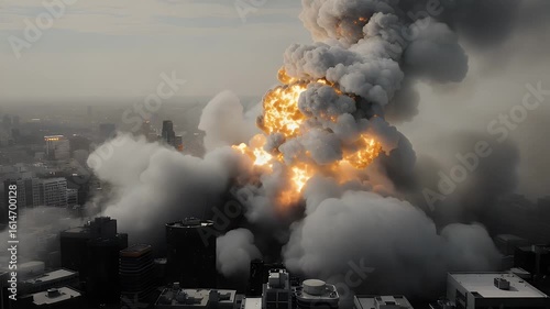 Massive explosion cloud rising over urban freeway
