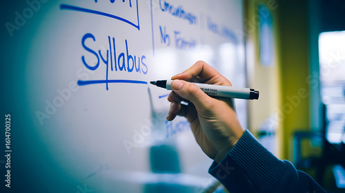 Hand writing syllabus on whiteboard with blue marker