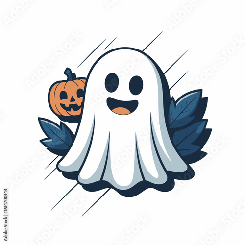 Cute Halloween Ghost with Pumpkin Illustration