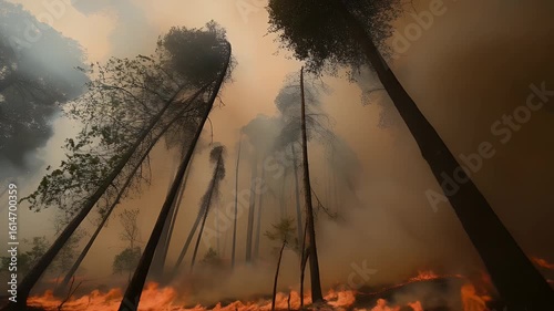 Smoky view of tall burning trees in wildfire