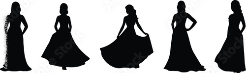 elegant female silhouettes, evening gowns, luxury fashion, stylish dresses, formal attire, high-end couture, dramatic poses, sophisticated designs, glamorous aesthetics
