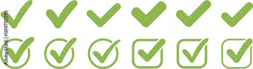 Olive Green Check Mark Symbols Icons Set on White Background Tick Approval Sign