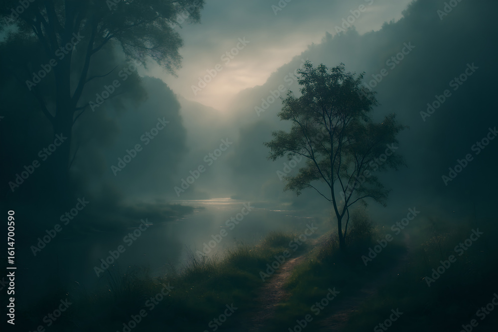 Fototapeta premium Ai Generated:Misty Landscape with Lone Tree, Path, and Calm Water Under Cloudy Sky