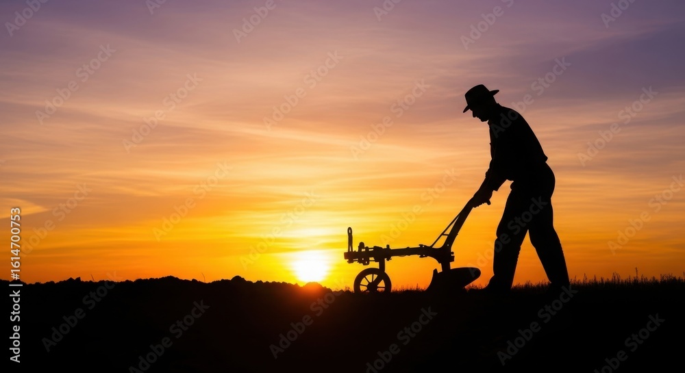 Farmer working with a tiller at sunset creating a striking silhouette against a vibrant orange sky Farmer working with a tiller at sunset creating a striking silhouette against a vibrant orange sky