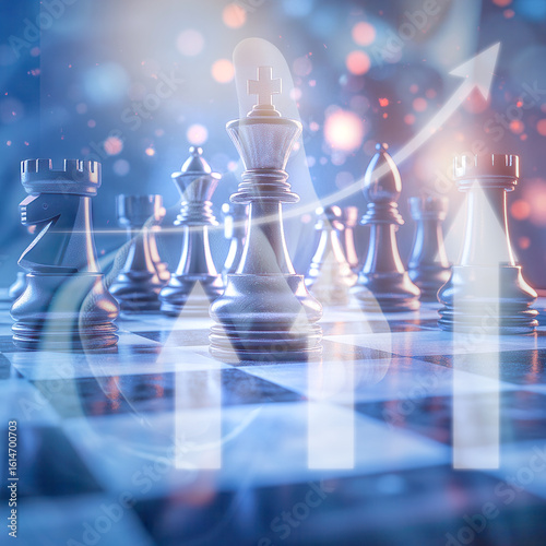 Strategic Business Growth Concept with Chess Pieces and Upward Graph Overlay