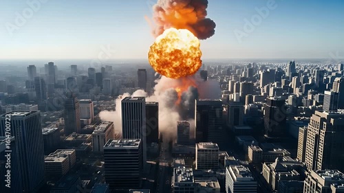 Sunlit explosion tearing through downtown skyline