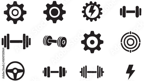 Black and white icons of gears dumbbells steering wheel and lightning bolt cogwheel machine