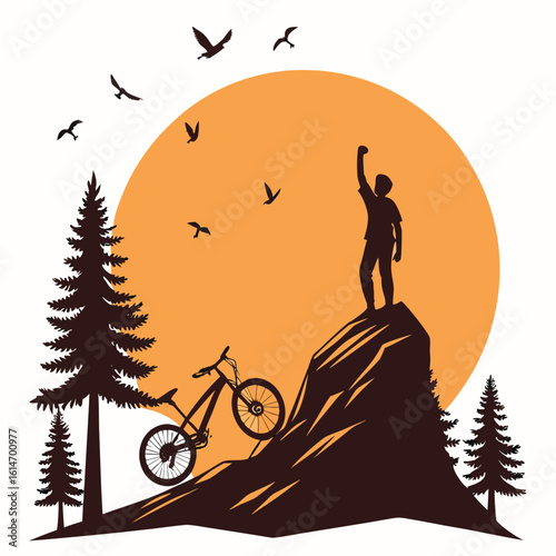 Cyclist Victory on Mountain Peak at Sunset