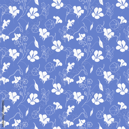 Seamless pattern with white nasturtium flowers on blue background. Hand-drawn vector illustration for wedding, fabric, invitation or greeting card. 