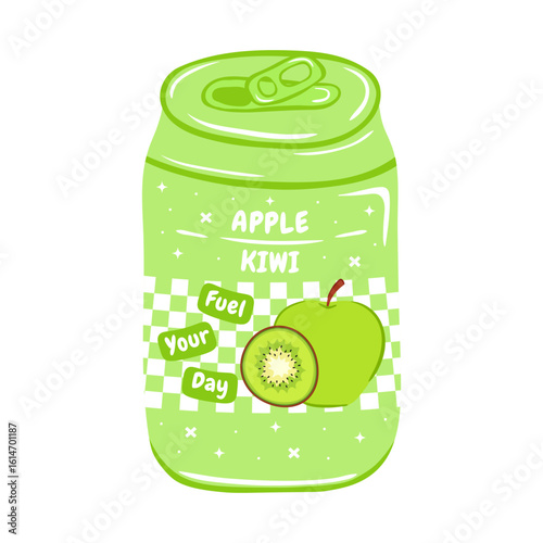 Soda in aluminum can with apple and kiwi flavor. Vector illustration in hand drawn style. Soft drink for advertising, posters, packaging and merch