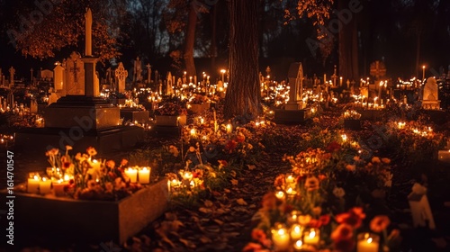 Candlelit Reverie: A Serene Cemetery Illuminated on All Souls' Day Night