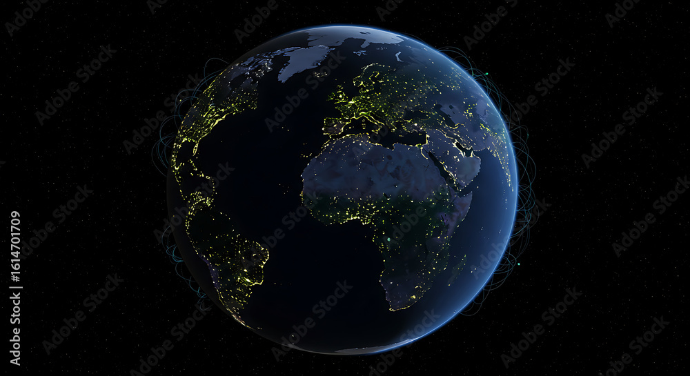 Fototapeta premium View of Earth from outer space at night. Cities glow with soft blue and green lights, symbolizing renewable energy