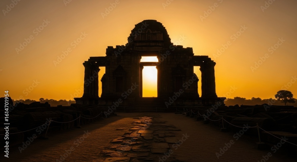Ancient temple silhouette against a vibrant golden sunset sky with a path leading towards it Ancient temple silhouette against a vibrant golden sunset sky with a path leading towards it