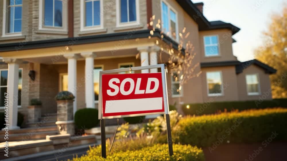 Sold sign on a wooden post in front of a blurred house at sunset, 4k video Sold sign on a wooden post in front of a blurred house at sunset, 4k video