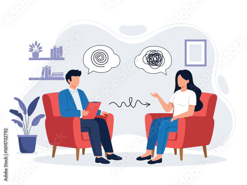 A female client expresses her confused thoughts to a male psychologist during a professional therapy session.