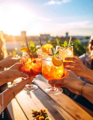 Friends toasting cocktails rooftop