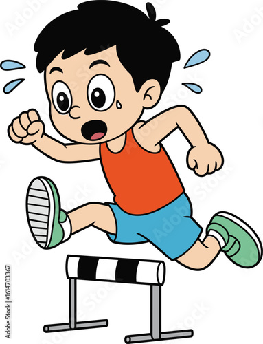 Cartoon child athlete jumping over hurdle, sports activity, fitness, healthy lifestyle, competition, running track, exercise, playful energetic dynamic illustration