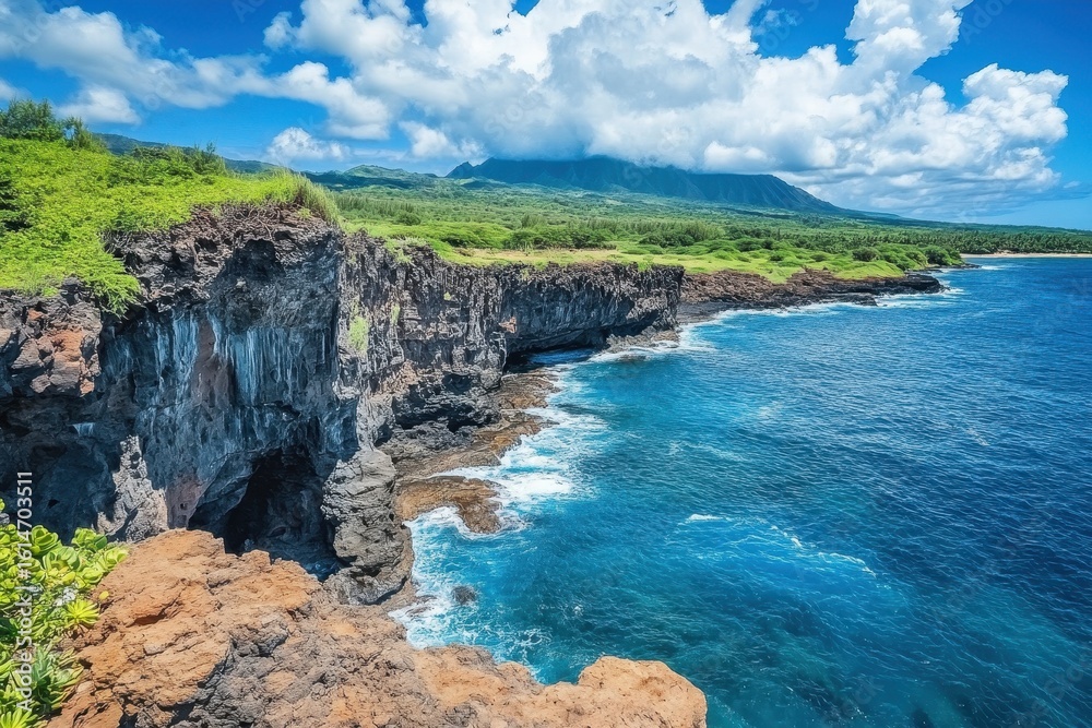 Volcanic hills meet crystal blue water in a stunning coastal landscape, Aerial hills natural volcanic mineral rocks waterfalls Kauai Volcanic hills meet crystal blue water in a stunning coastal landscape, Aerial hills natural volcanic mineral rocks waterfalls Kauai