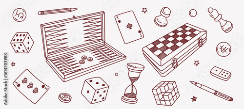 set of hand-drawn board games. sketch doodle of chess, checkers, go, dominoes, playing cards, scrabble, backgammon isolated on background.
