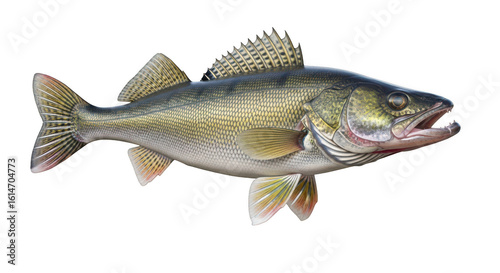 Detailed realistic illustration of a walleye fish with open mouth showing sharp teeth isolated on transparent background