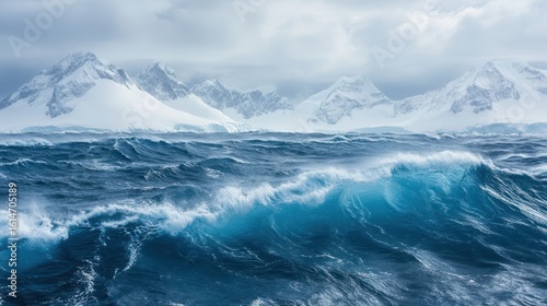 Wallpaper Mural Antarctic Waters: Powerful Wave Crashes Before Majestic Snow-Covered Mountains Torontodigital.ca