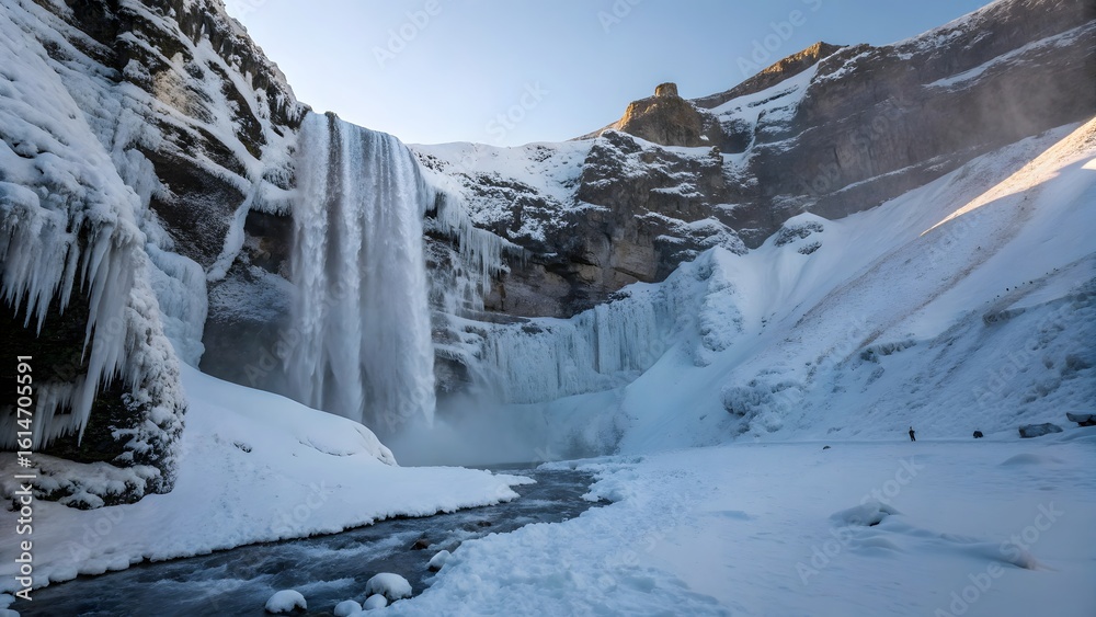 Fototapeta premium Frozen Waterfall in Snow-Covered Canyon