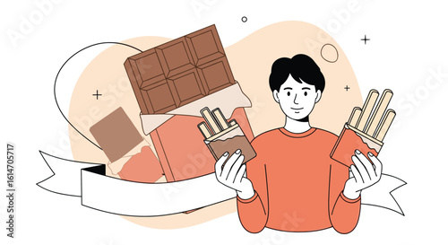 Satisfied person enjoying delicious chocolate snacks and sweets with delight