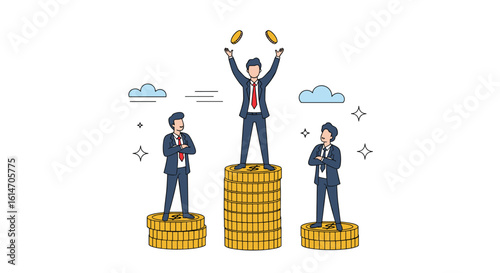 Successful business people celebrating victory on a podium with gold coins and clouds symbolizing achievement and prosperity in the financial sector