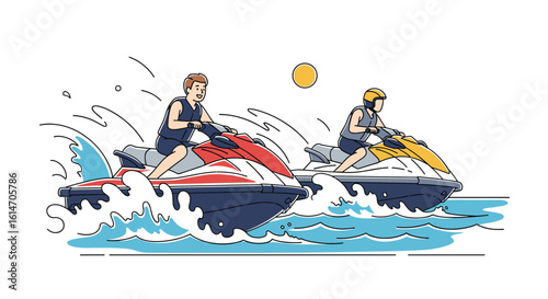 Two people riding jet skis on a sunny day creating splashes of water enjoying a thrilling water sport activity