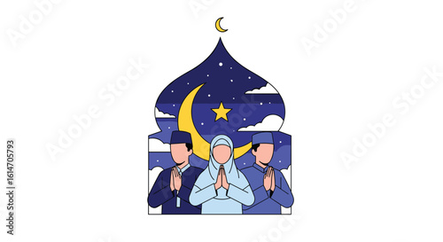 Ramadan celebration with family under the crescent moon and stars