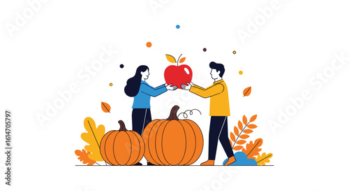 People picking apples and pumpkins in autumn harvest season celebrating fall bounty together
