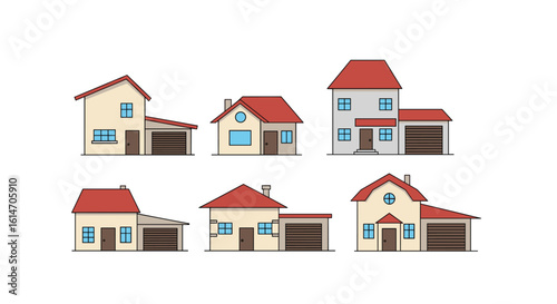 Collection of six pixel art houses with attached garages showing various architectural styles and colors